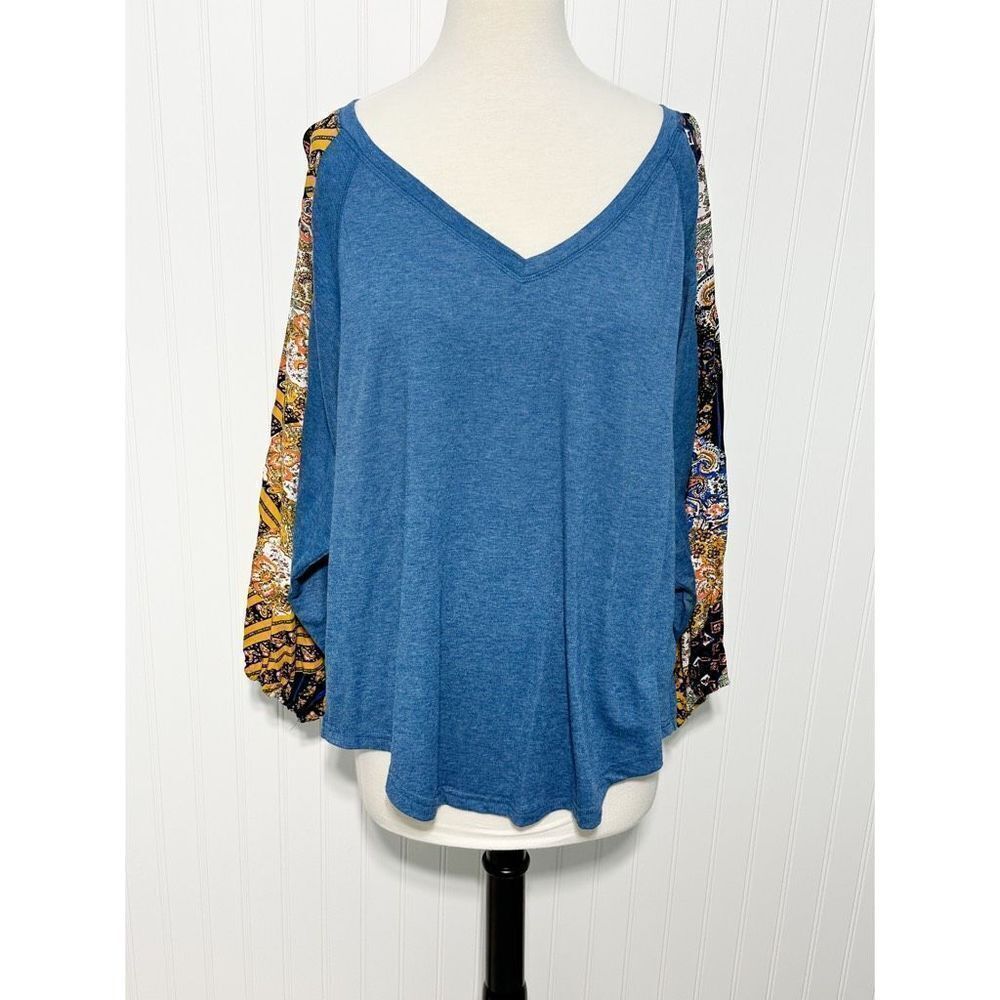 Beyove Women's V Neck Bohemian Loose Pullover‎ Long Sleeve Top Navy Blue Size XL